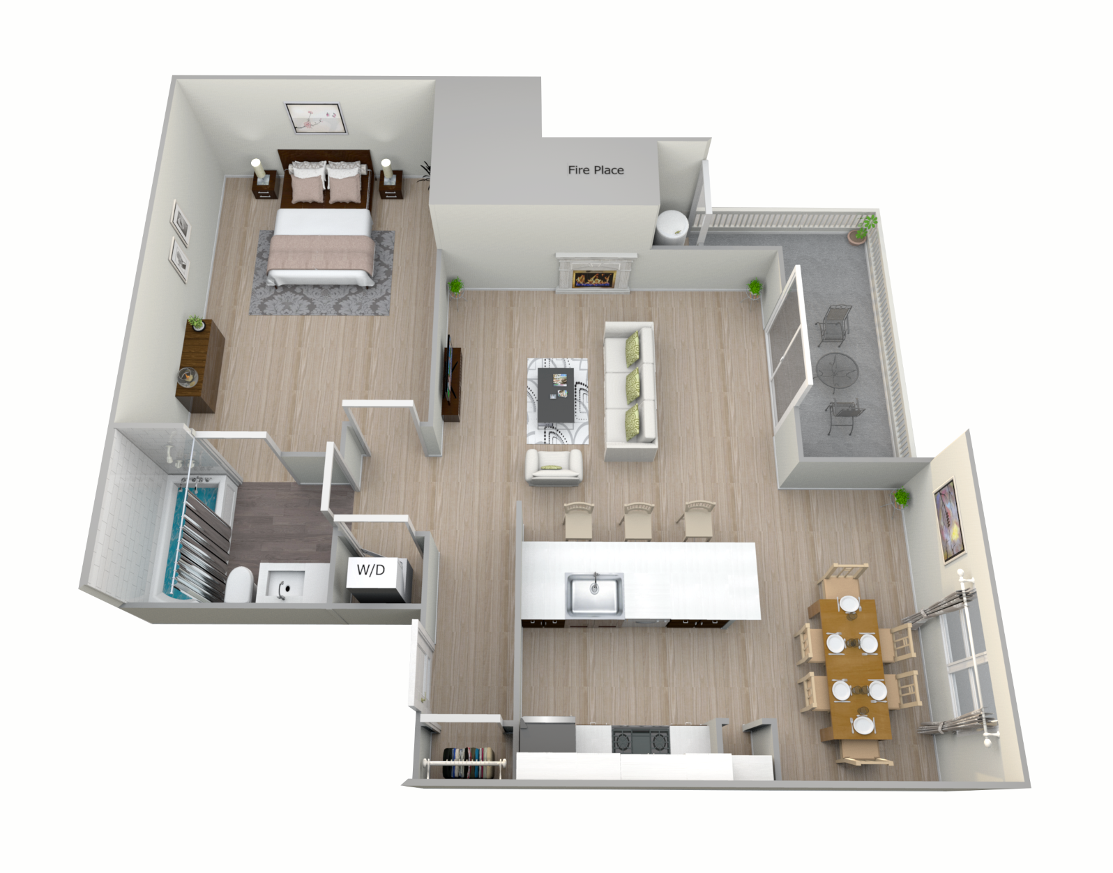 Floor plan for 1 bed, 1 bath, 750 sqft